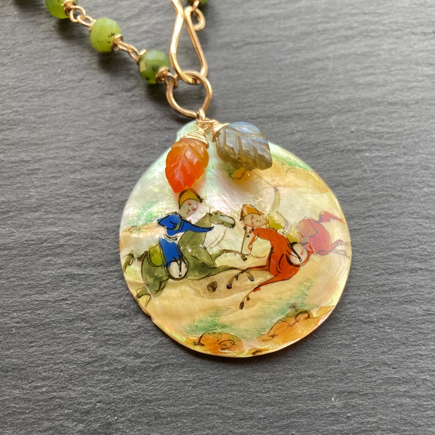 Nephrite Jade, Gold & Vintage Mother of Pearl Pendant Necklace