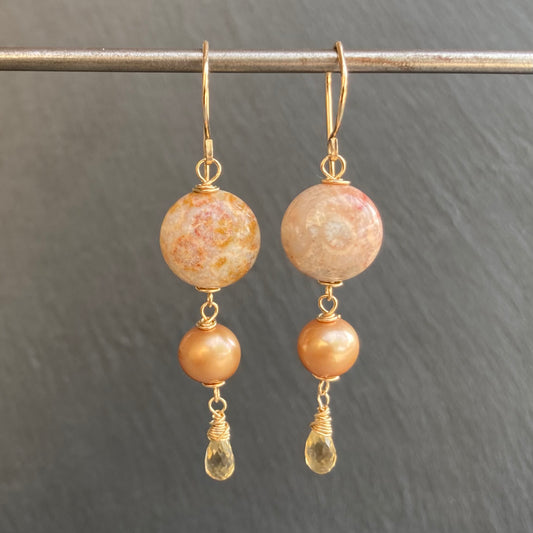 Fossil Coral, Champagne Pearl, Citrine & Gold Earrings