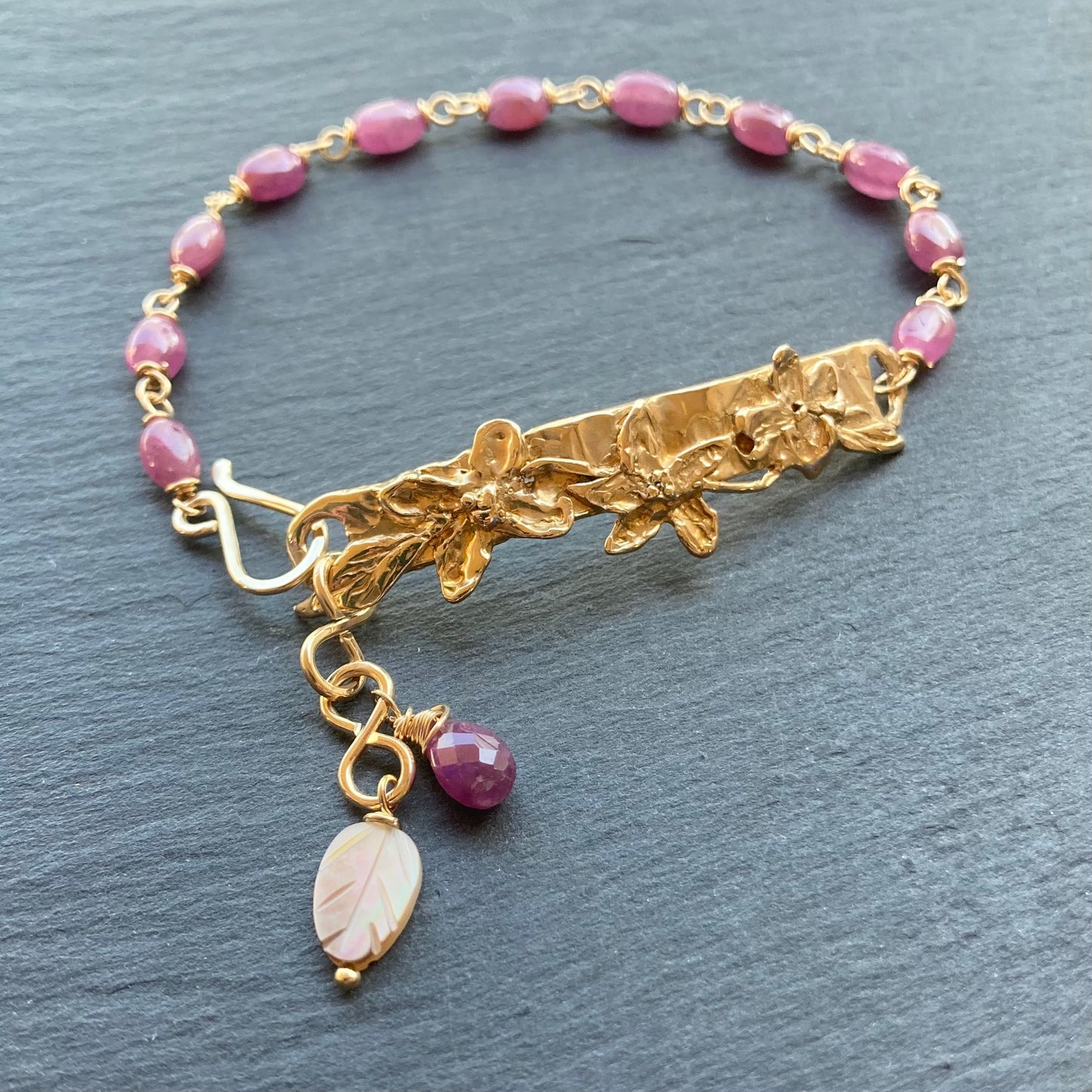 Natural Ruby, Gold & Bronze Floral Link Bracelet