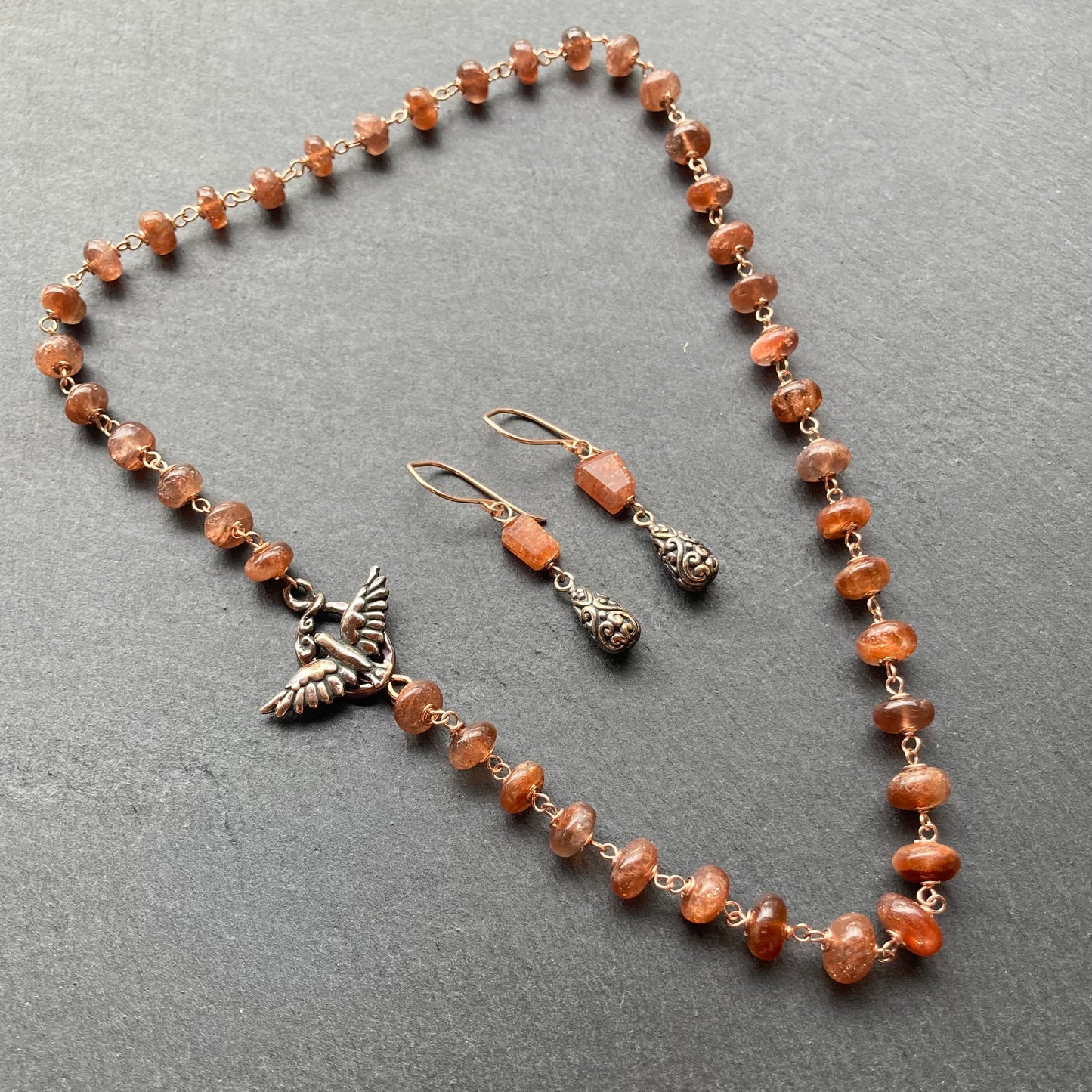 Sunstone, Rose Gold & Shibuichi Drop Earrings