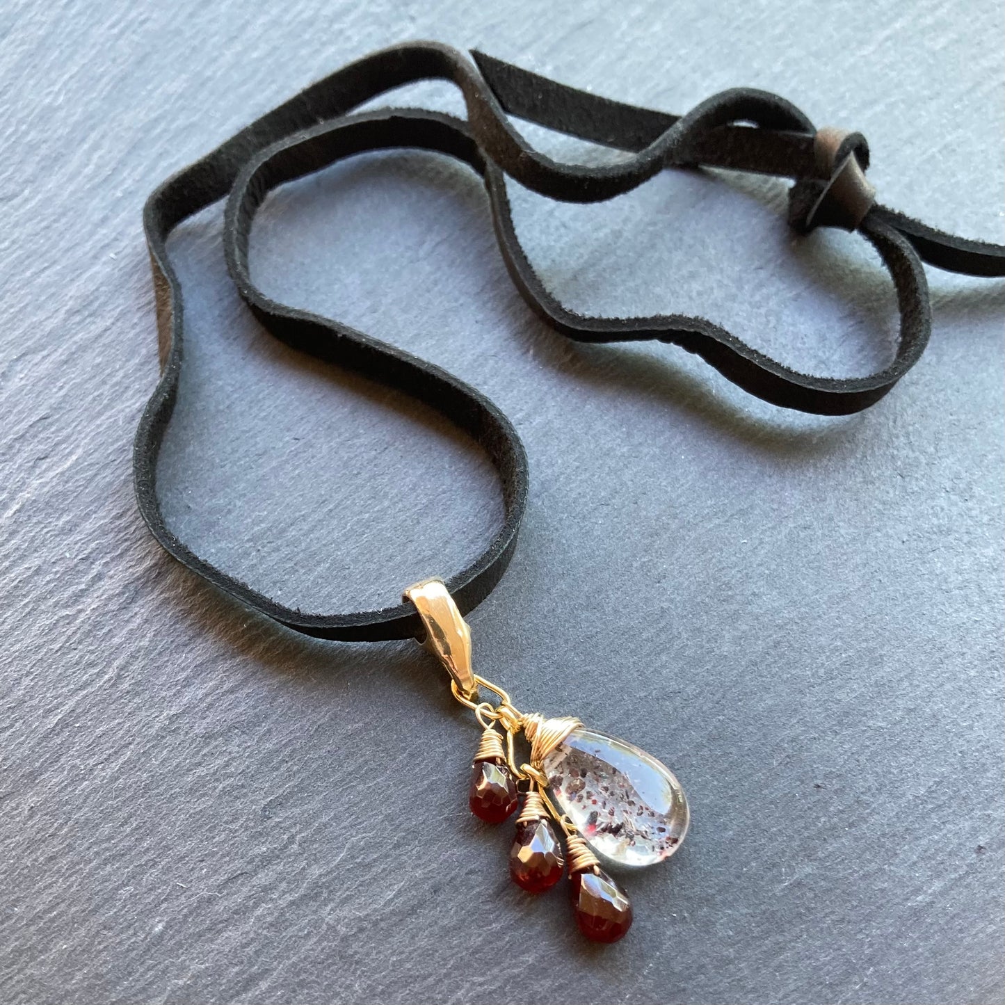 Lepidocrocite, Mozambique Garnet, Gold & Bronze Deertan Leather Choker