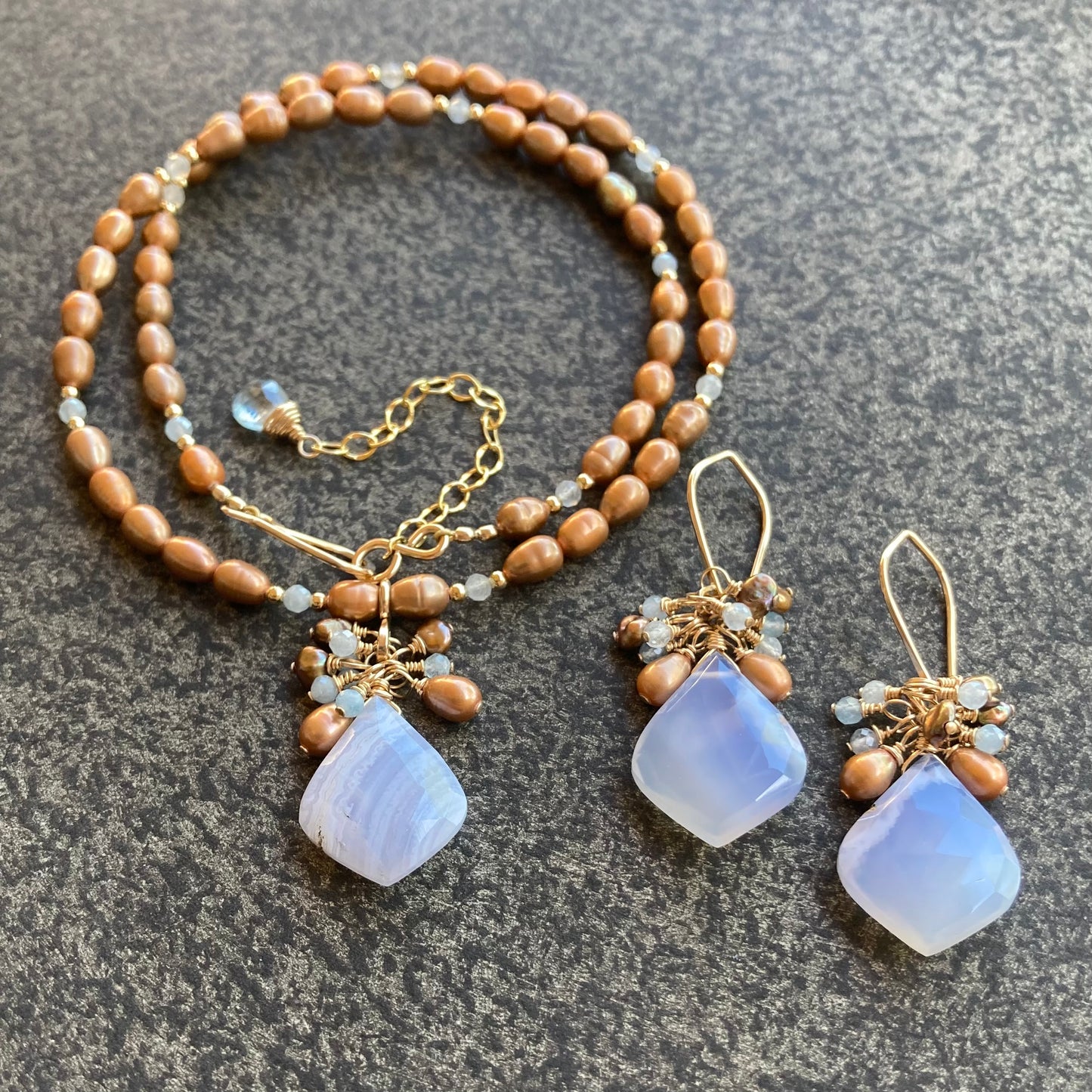 Blue Lace Agate, Copper Pearl & Aquamarine Pendant Necklace