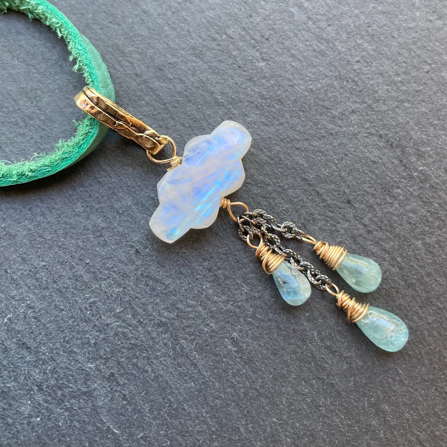 Rainbow Moonstone, Aqua Kyanite & Mixed Metal Monsoon Deertan Leather Choker