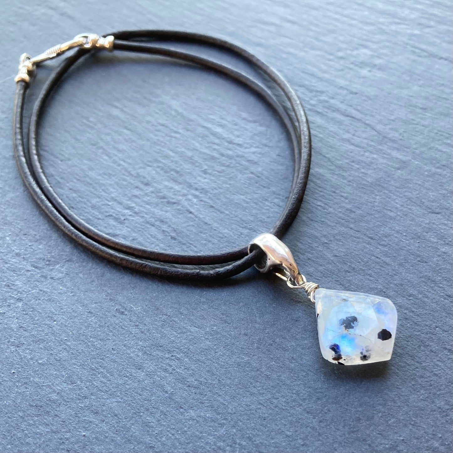 Tourmalinated Rainbow Moonstone & Sterling Silver Leather Choker