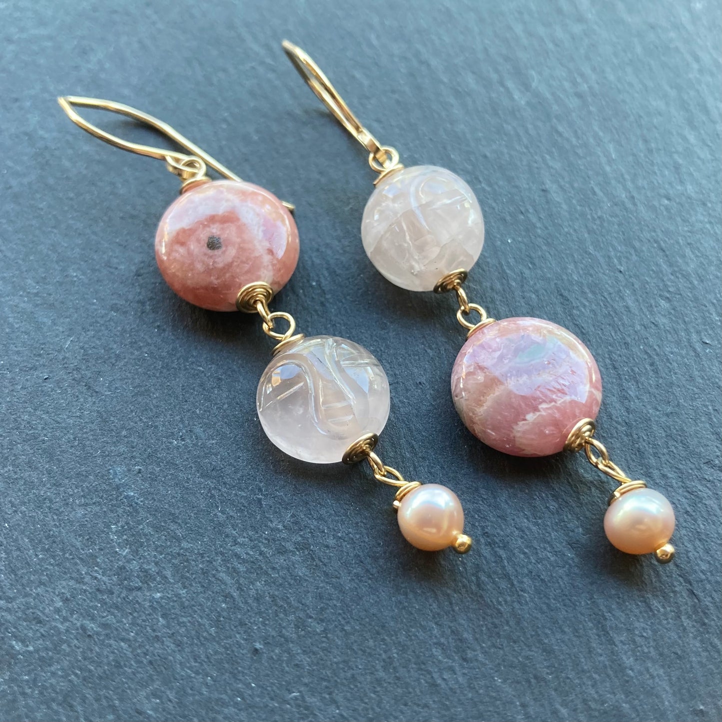 Rhodochrosite, Rose Quartz & Gold Pink Moon Rising Earrings