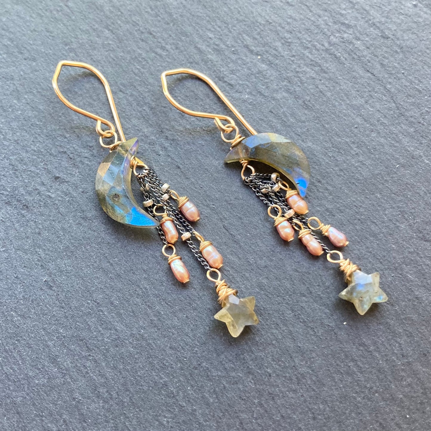Labradorite, Mauve Pearl & Mixed Metal Falling Star Earrings