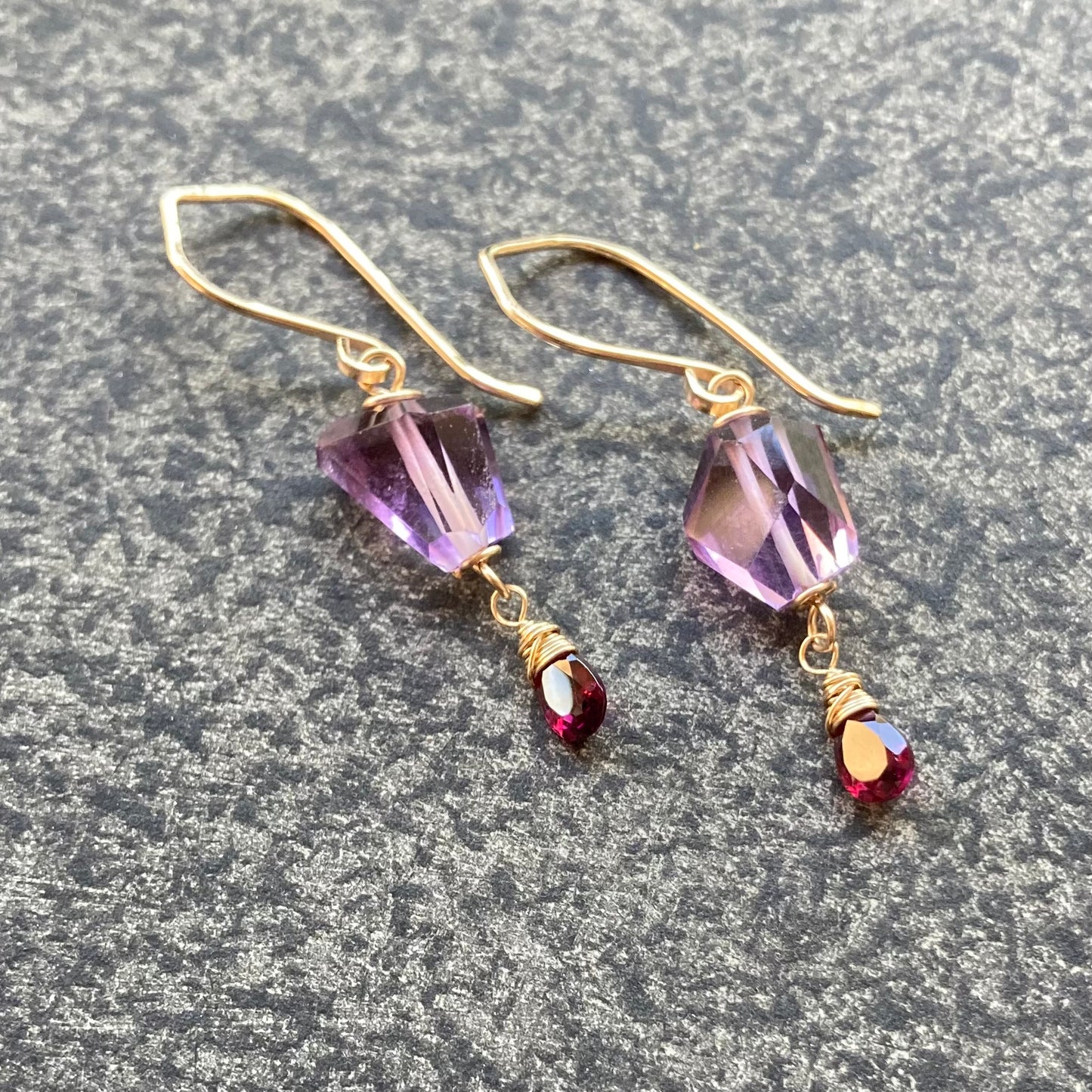 Amethyst, Rhodilite & Gold Earrings