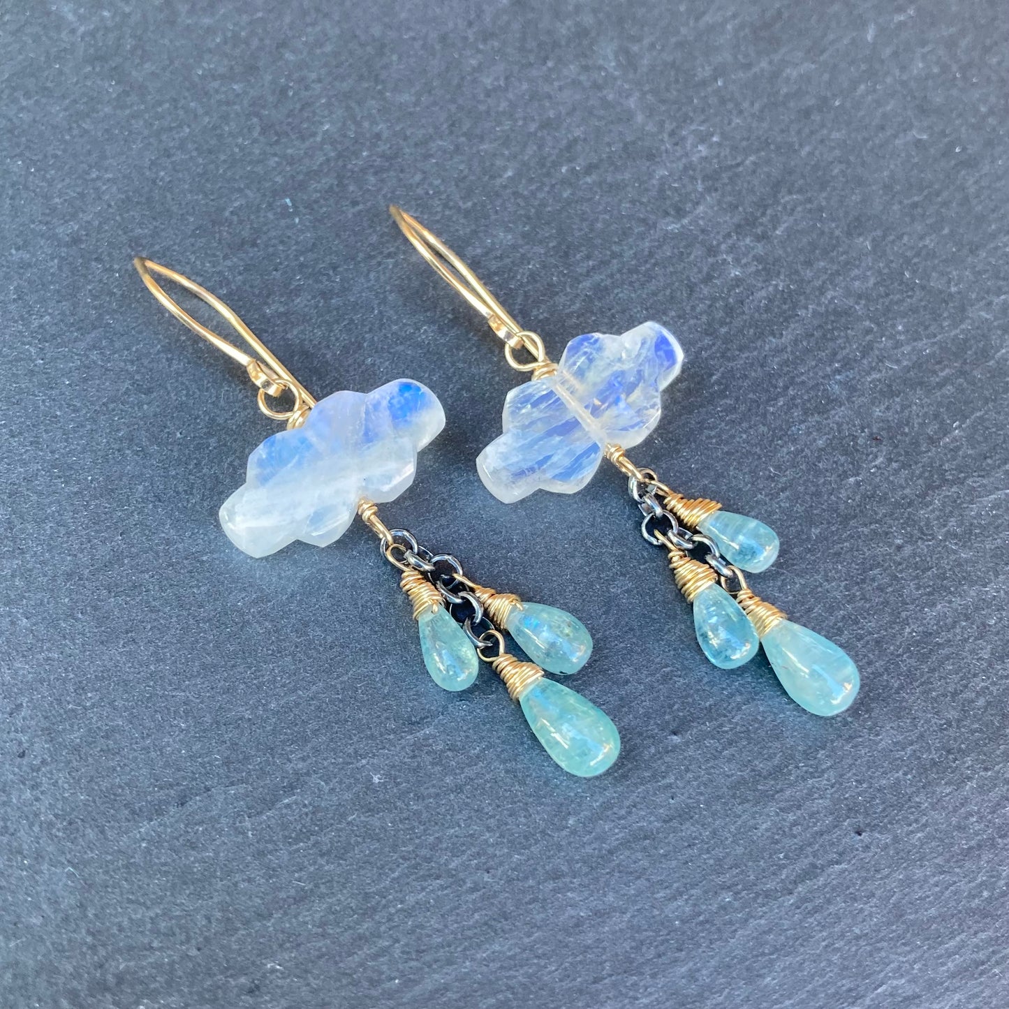 Rainbow Moonstone, Aqua Kyanite & Mixed Metal Monsoon Earrings