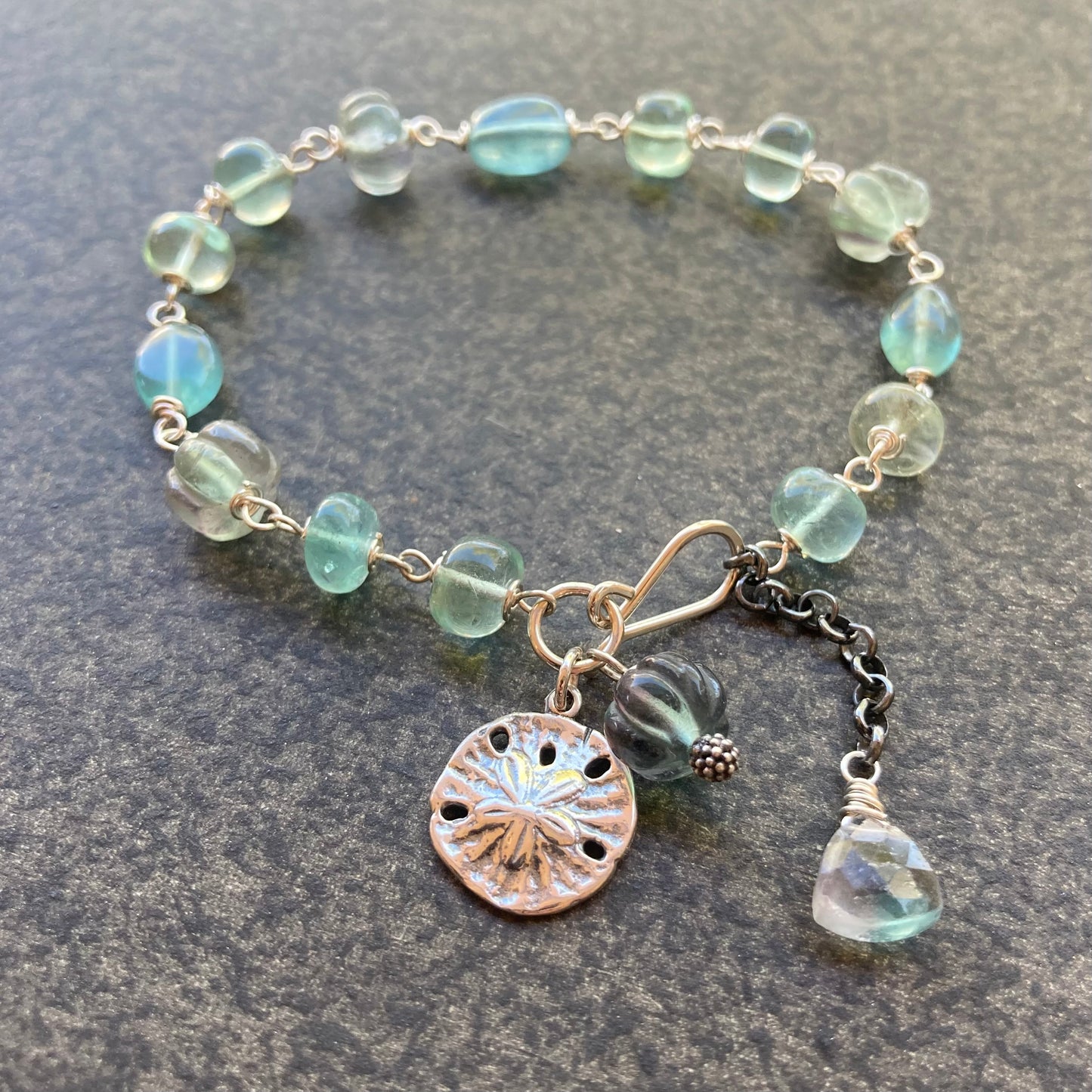 Green Fluorite & Sterling Silver Sand Dollar Charm Bracelet