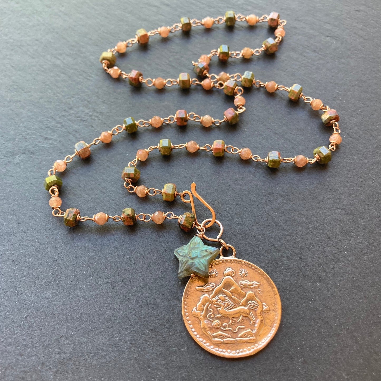 Unakite, Sunstone, Rose Gold & Red Bronze Tibetan Snow Lion Coin Necklace