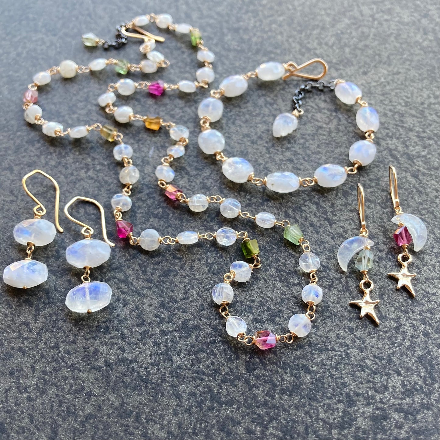 Rainbow Moonstone, Tourmaline, Gold & Bronze Falling Star Earrings