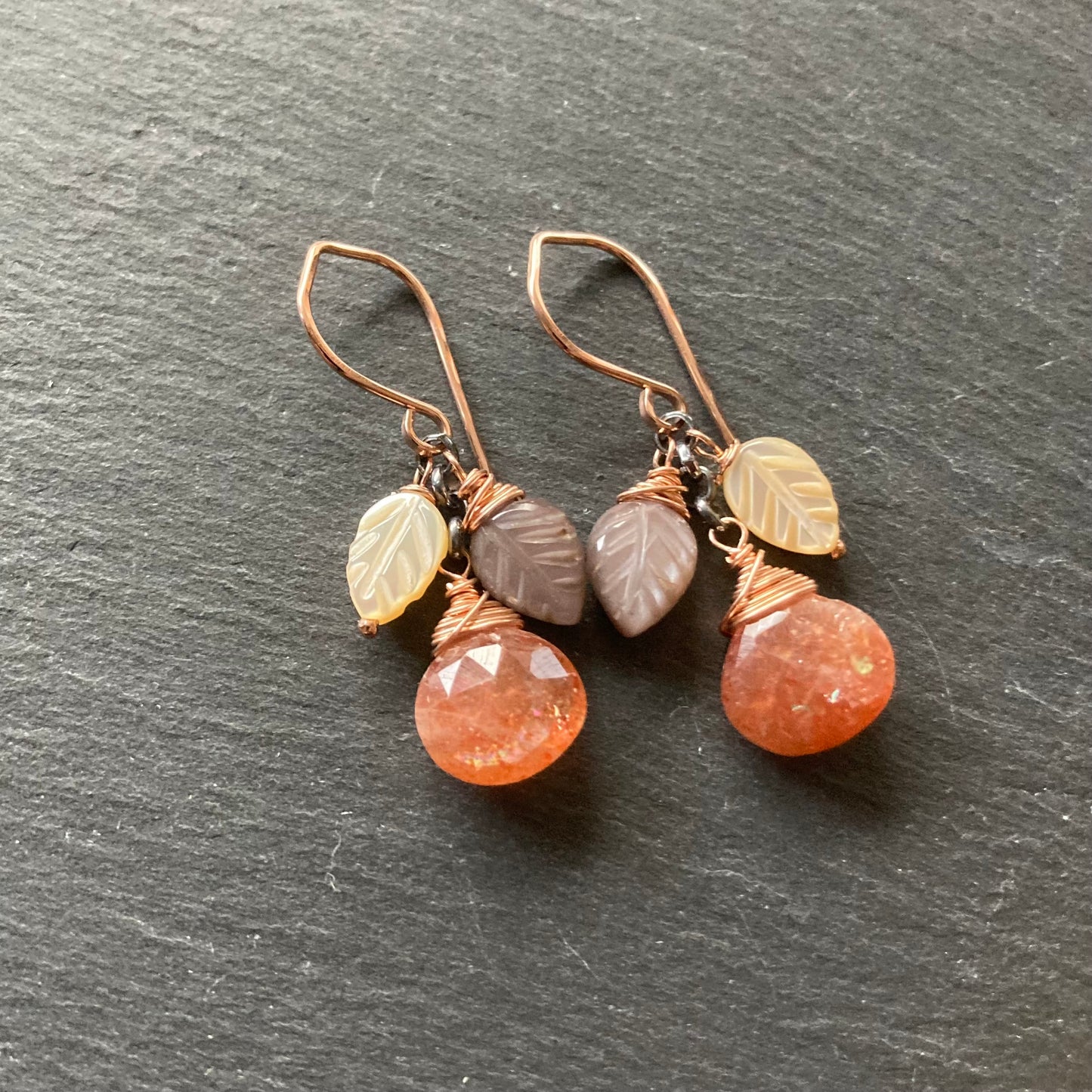 Sunstone, Chocolate Moonstone, Mother of Pearl & Mixed Metal Earrings