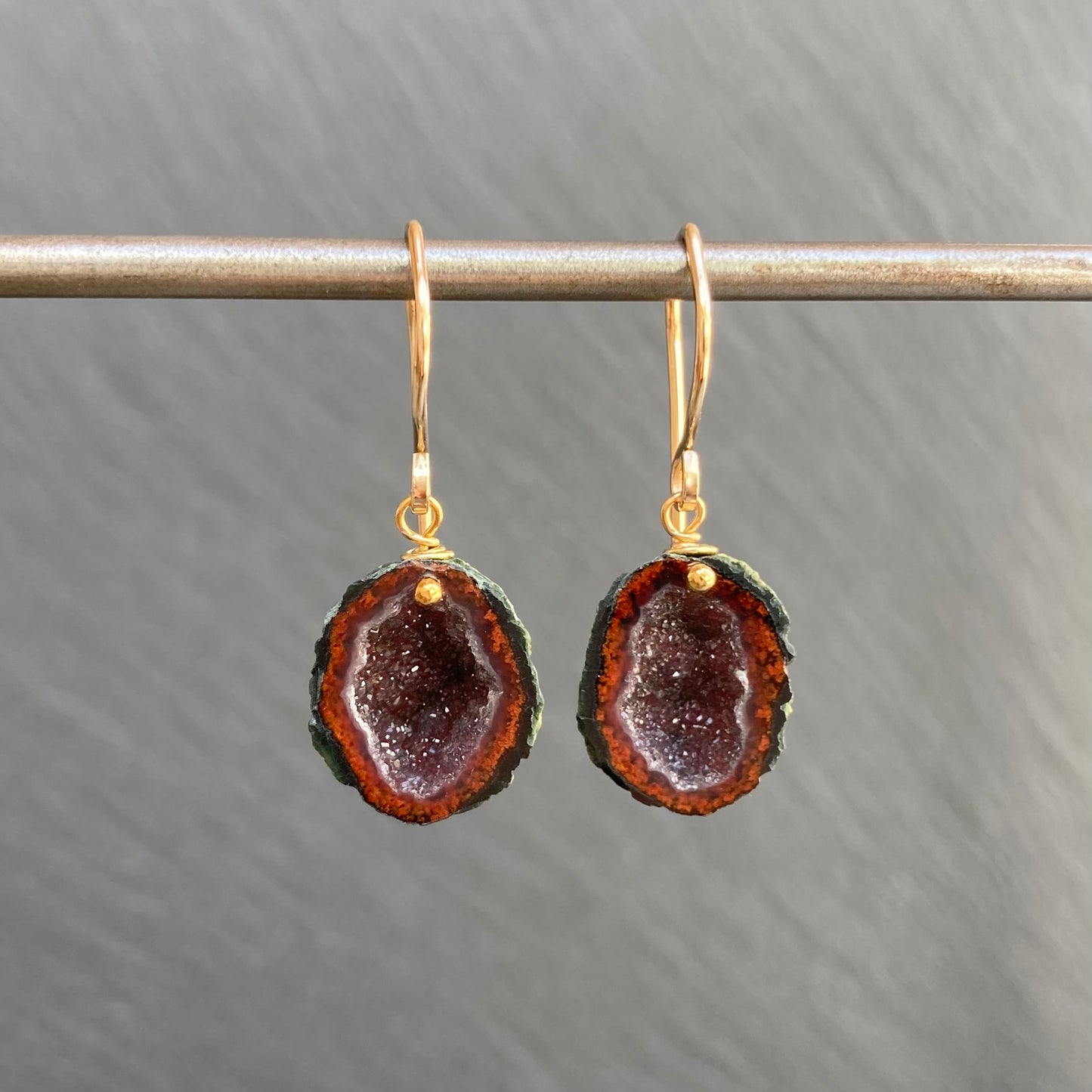 Red Druzy Tabasco Geode & Gold Earrings