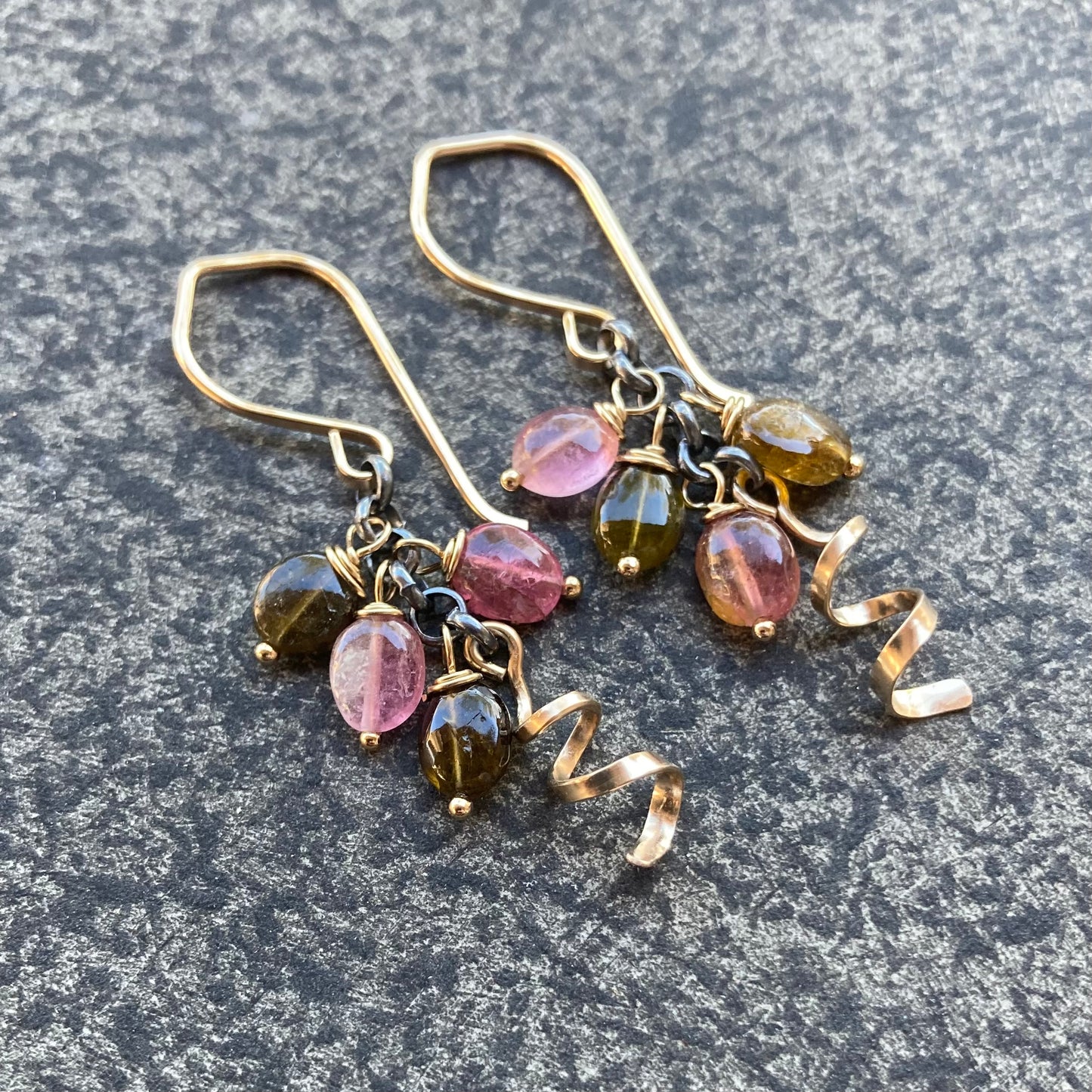 Watermelon Tourmaline & Mixed Metal Spiral Earrings