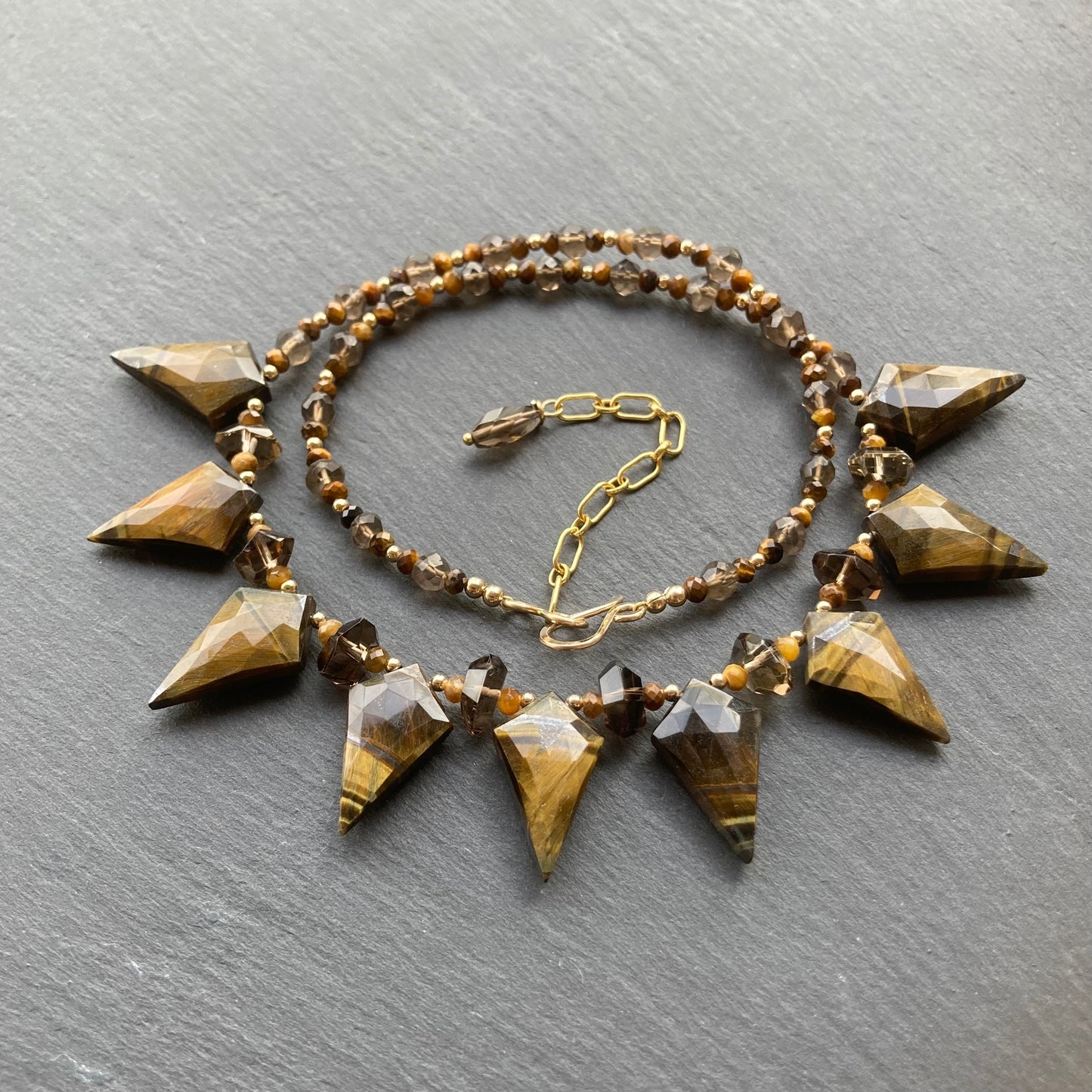 Tiger’s Eye, Smoky Quartz & Gold Arrowhead Collar