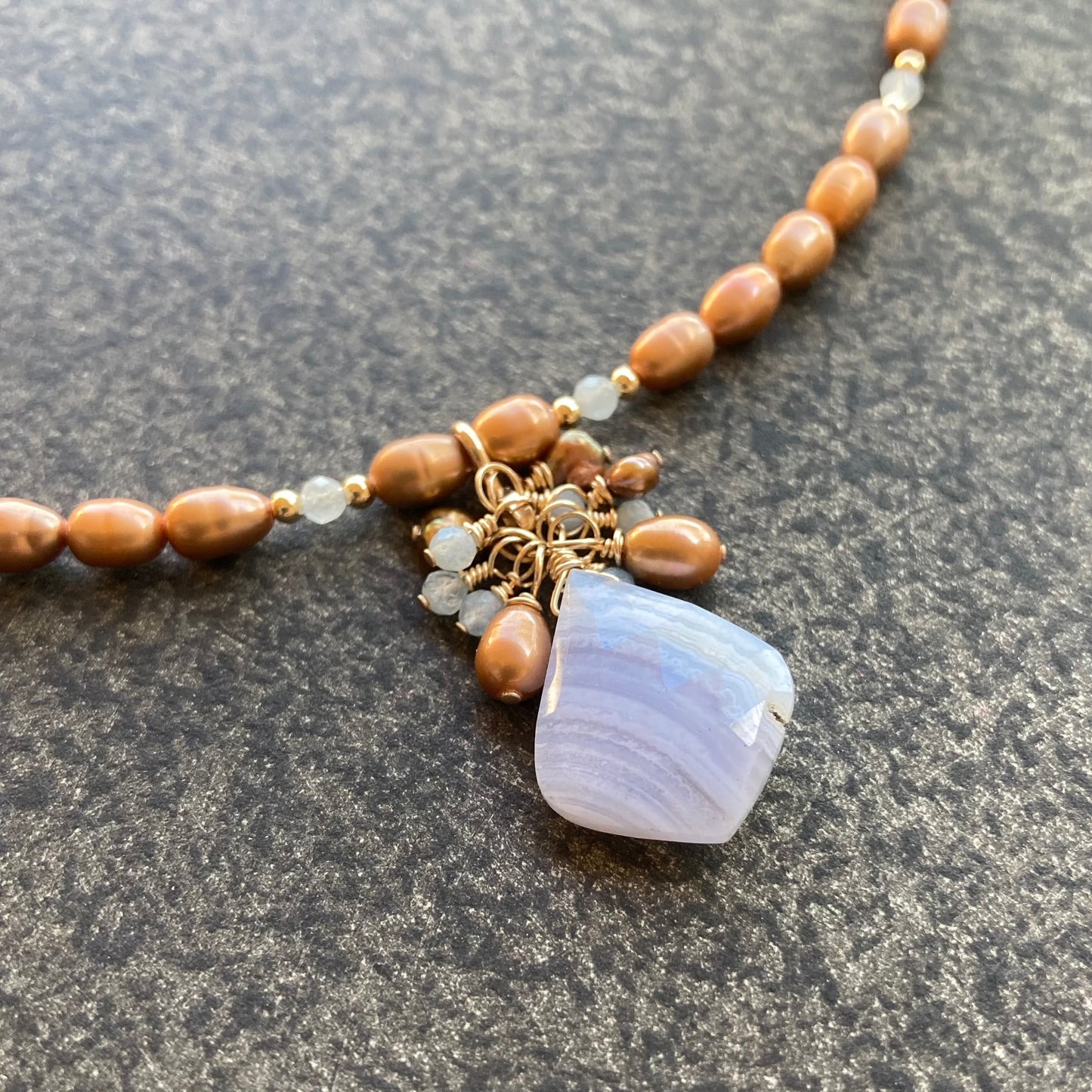 Blue Lace Agate, Copper Pearl & Aquamarine Pendant Necklace