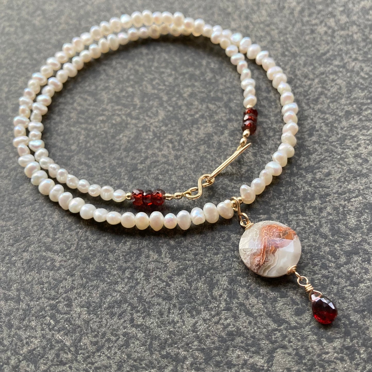 Crazy Lace Agate, Mozambique Garnet & Freshwater Pearl Necklace