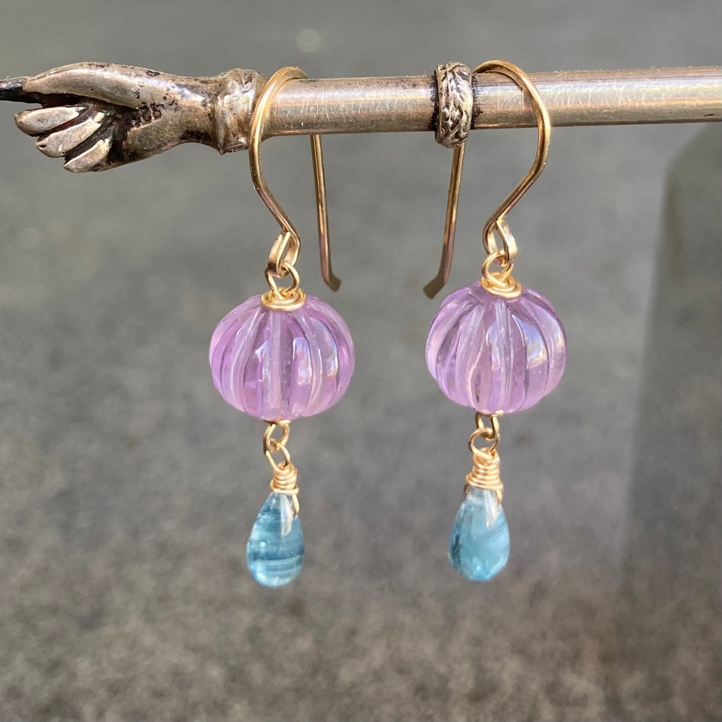 Pink Amethyst, Aqua Kyanite & Gold Earrings