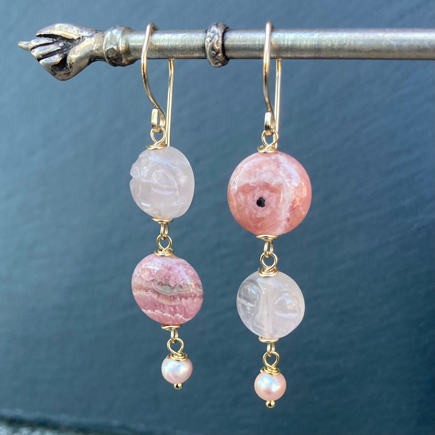 Rhodochrosite, Rose Quartz & Gold Pink Moon Rising Earrings