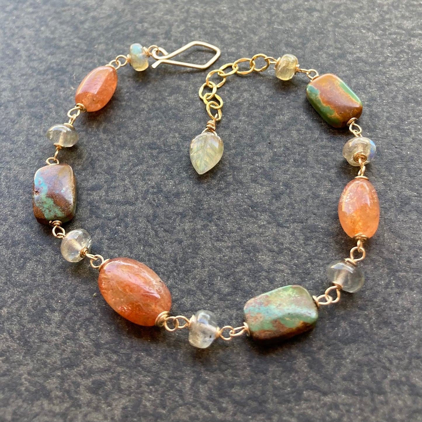 Sunstone, Green Turquoise, Labradorite & 14k Gold Bracelet