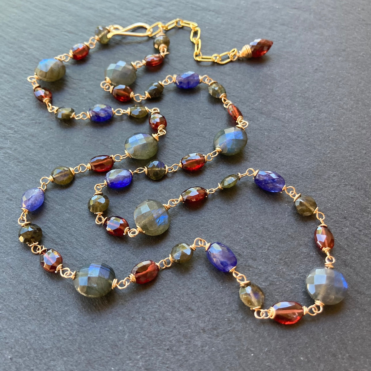 Labradorite, Garnet, Sapphire & Gold Necklace