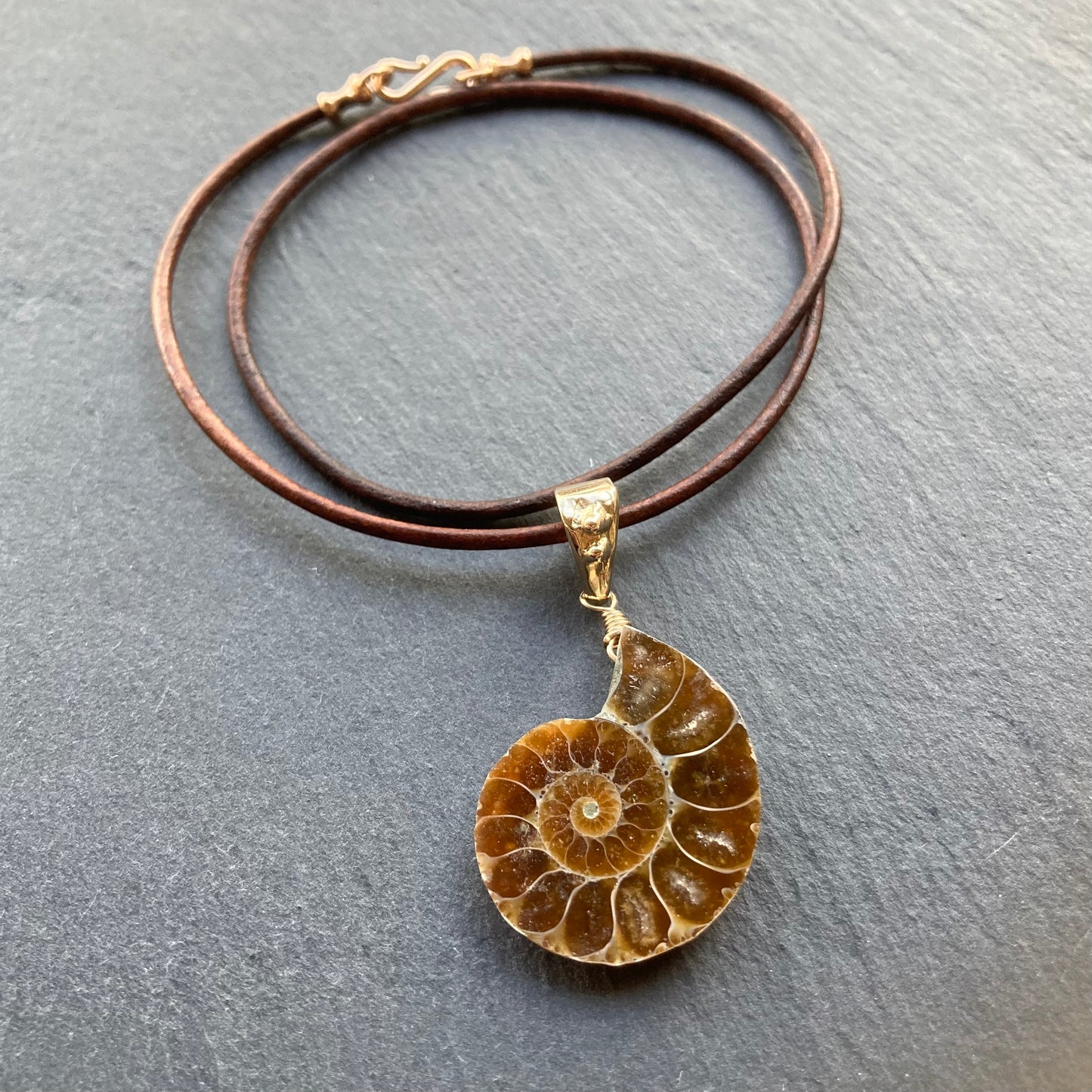 Natural Ammonite & Bronze Leather Choker (left facing)