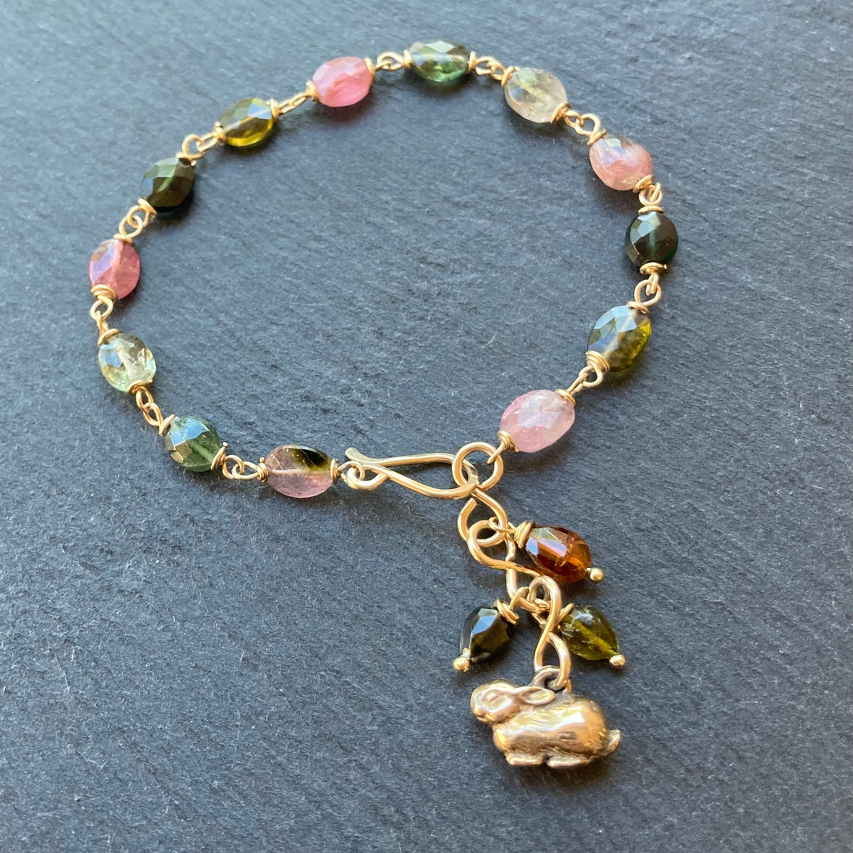 Tourmaline, Gold & Bronze Bunny Charm Bracelet