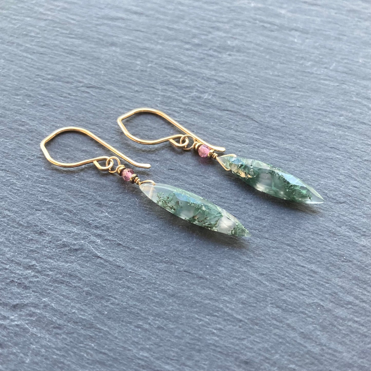 Moss Agate & Gold Marquis Earrings