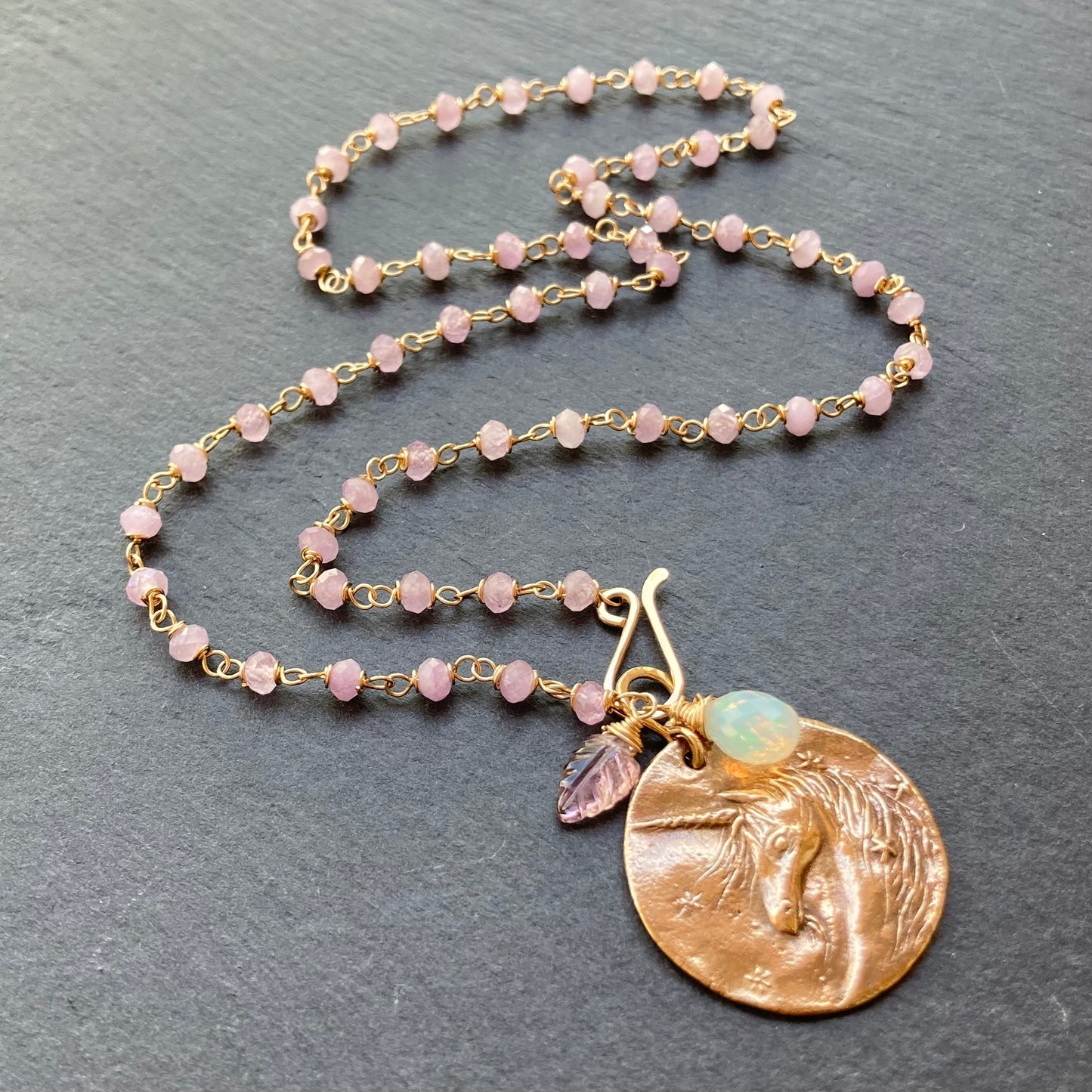 Kunzite, Gold & Bronze Unicorn Coin Necklace