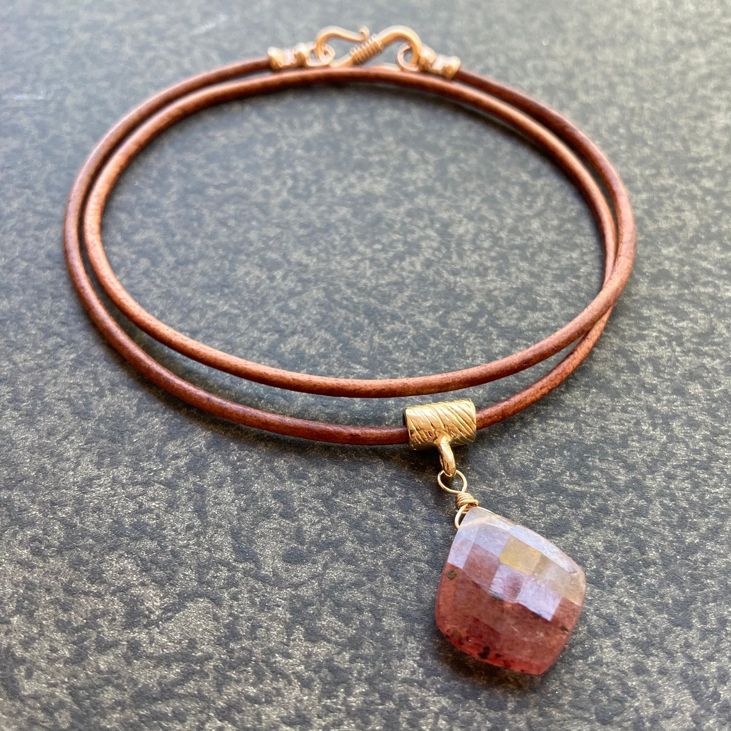 Strawberry Quartz & Bronze Leather Choker