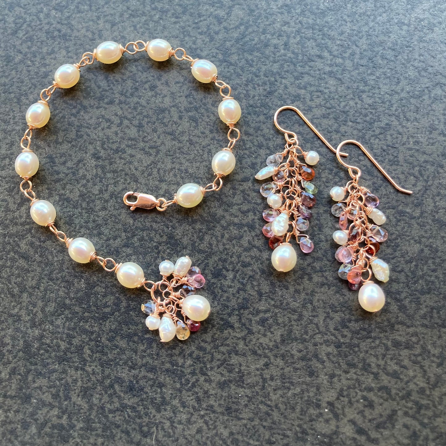 Multicolor Spinel, Freshwater Pearl & 14k Rose Gold Cascade Earrings
