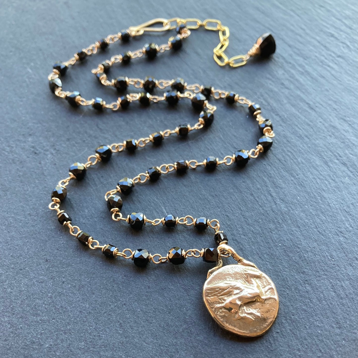 Black Spinel, Gold & Bronze Pegasus & Athena Stater Coin Necklace