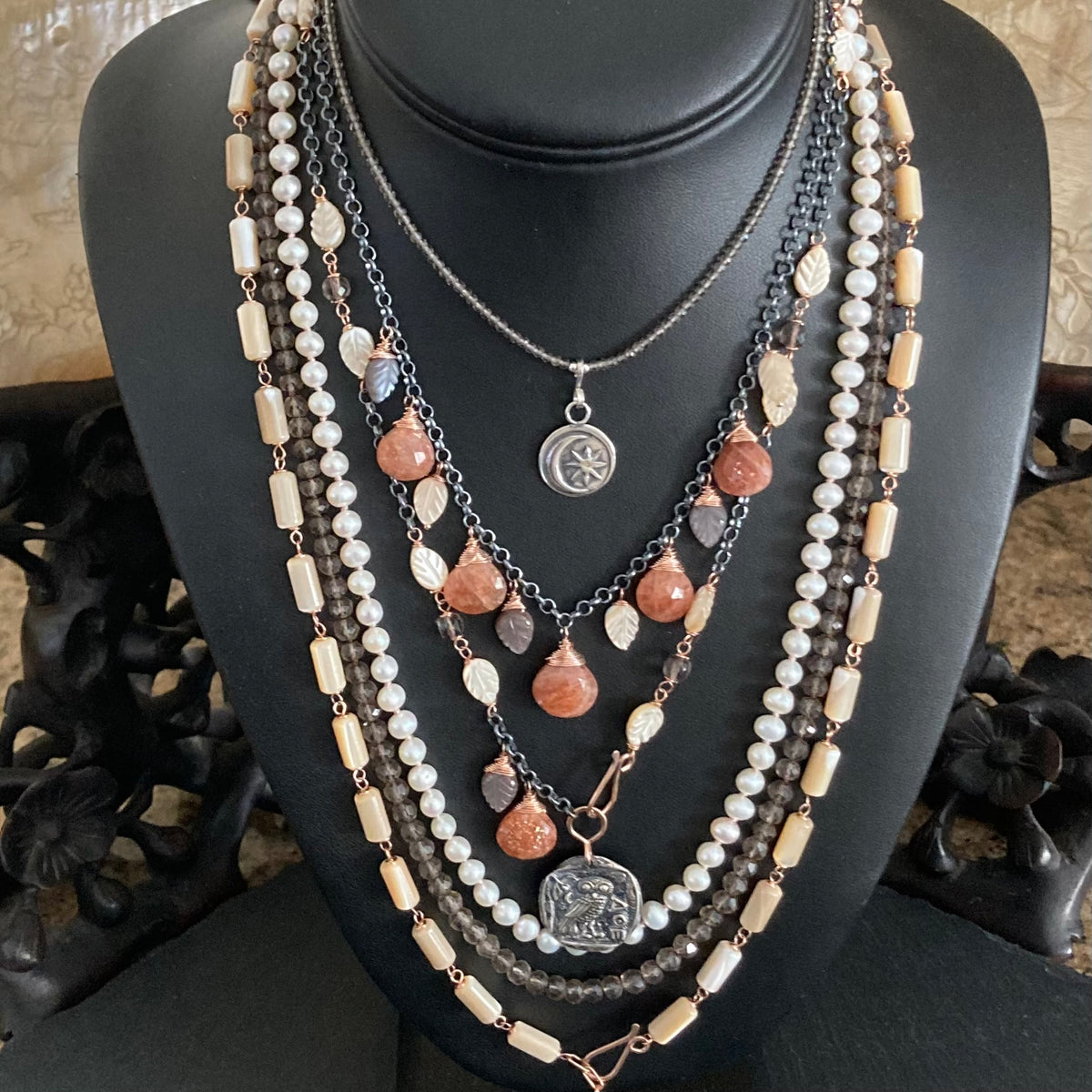 Smoky Quartz & Sterling Silver Sun Moon Pendant Choker
