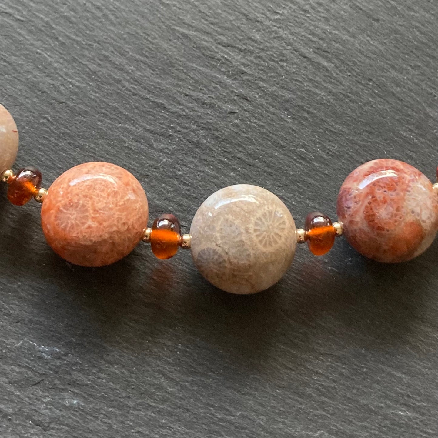 Fossil Coral, Hessonite Garnet & Gold Collar