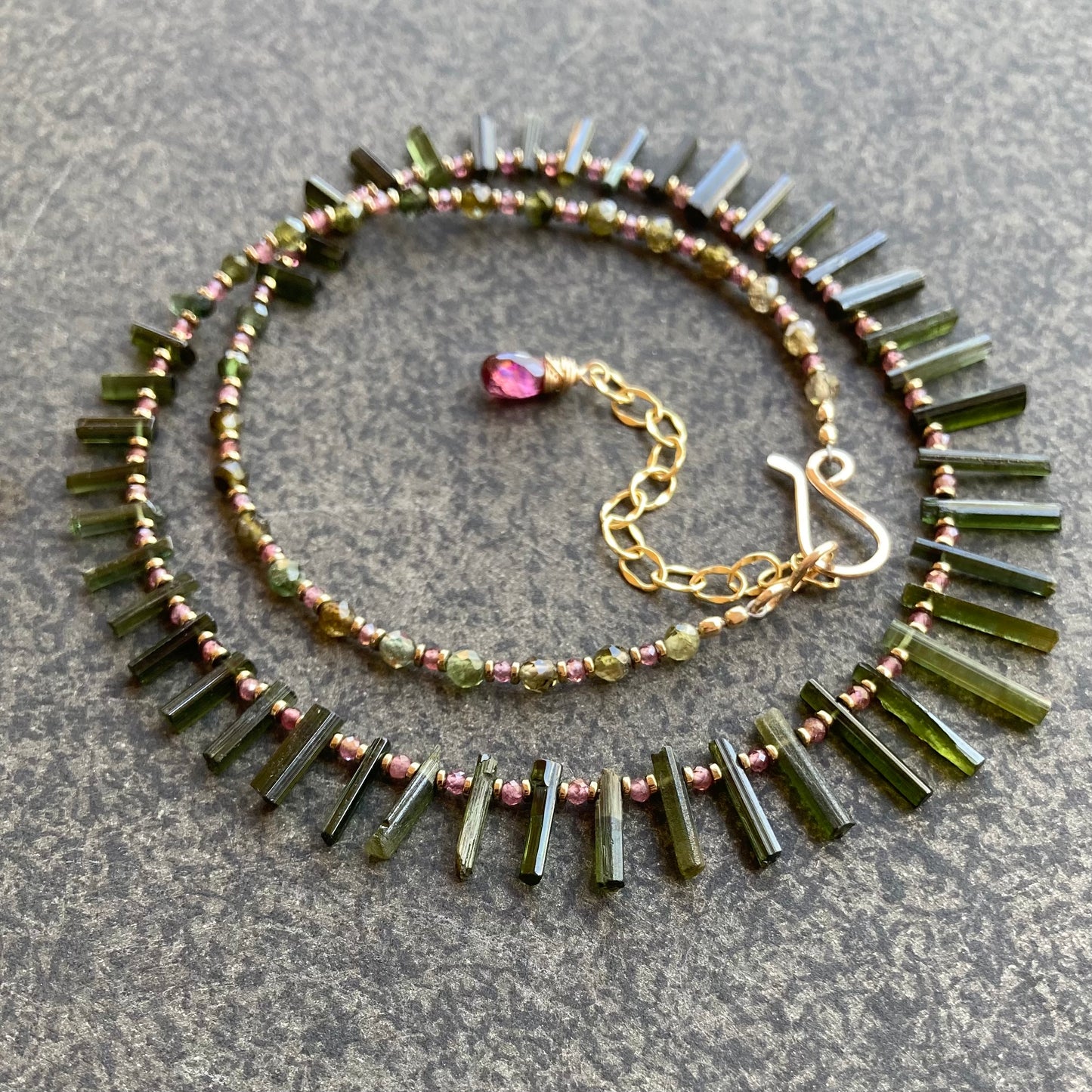 Raw Green Tourmaline, Rhodolite Garnet & Pyrite Choker