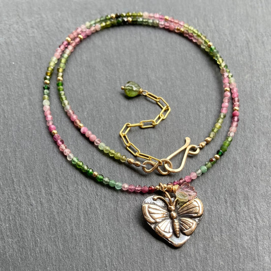 Watermelon Tourmaline, Gold & Bronze Butterfly Heart Pendant Necklace