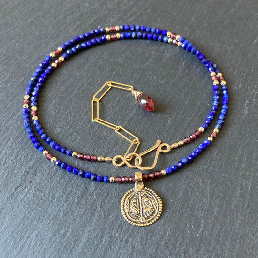Lapis, Mozambique Garnet, Gold & Bronze Buddha Feet Pendant Choker