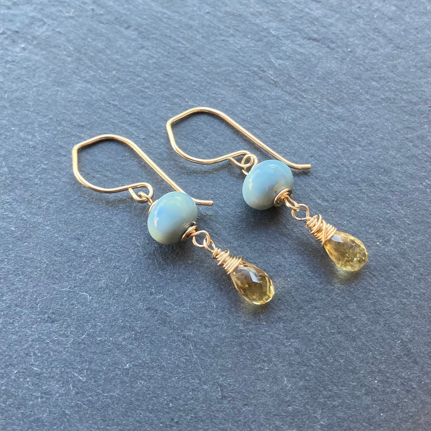 Owyhee Blue Opal, Citrine & Gold Earrings