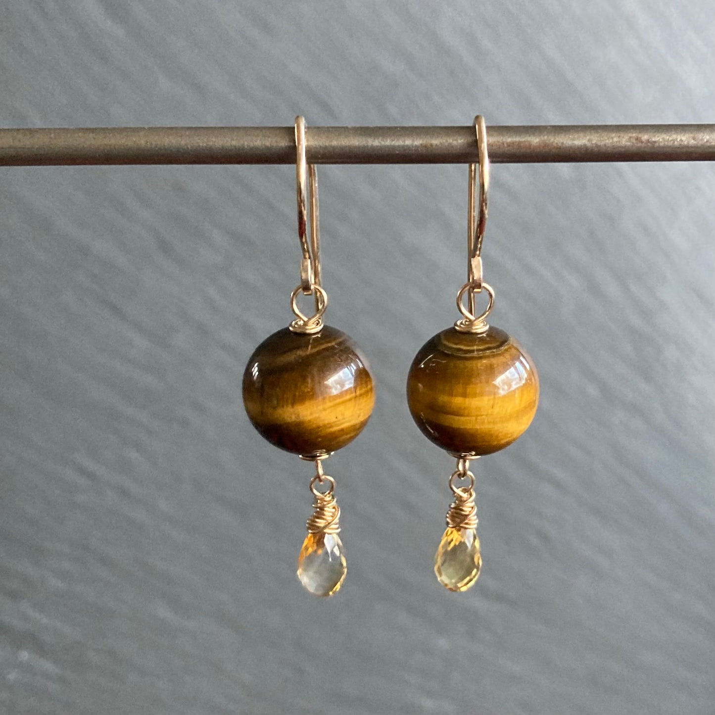 Tiger’s Eye, Citrine & Gold Earrings