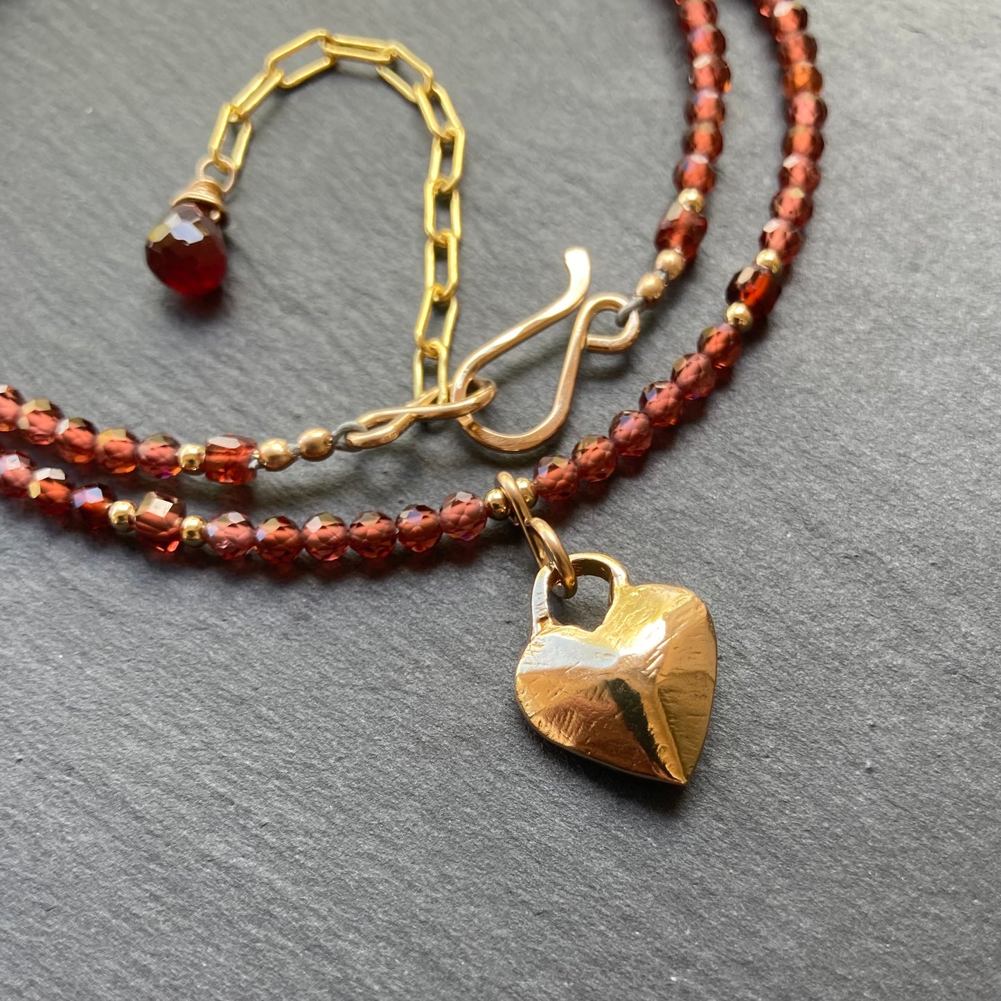 Malaya Garnet, Gold & Bronze Heart Pendant Choker