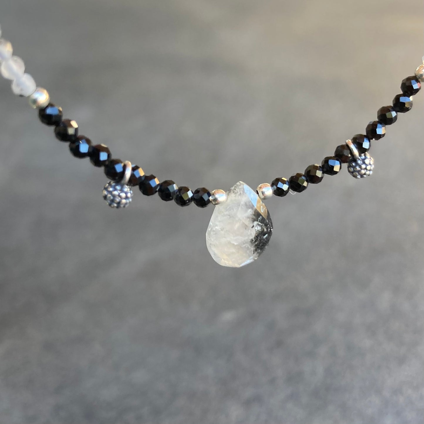 Black Tourmaline, Tourmalinated Moonstone & Sterling Silver Charm Choker