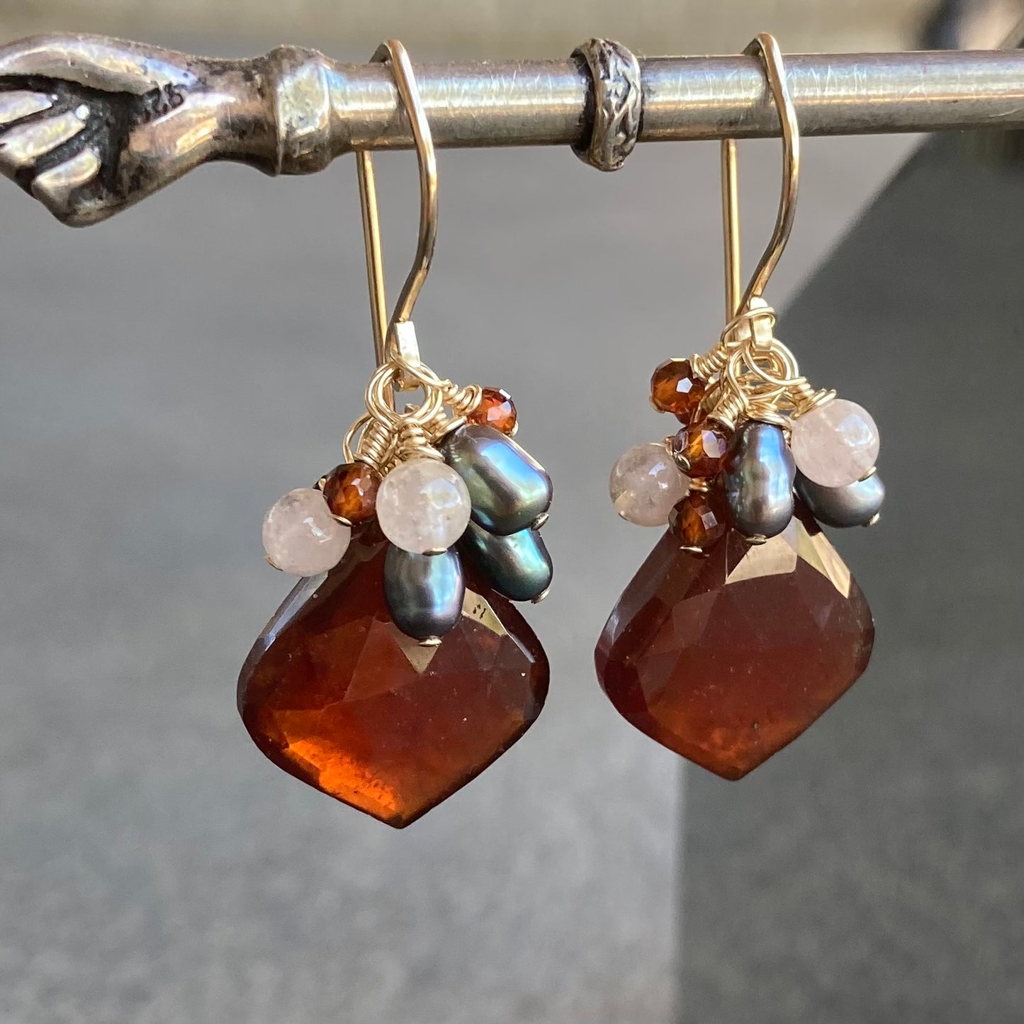 Hessonite, Tahitian Pearl, Morganite & Gold Cluster Earrings