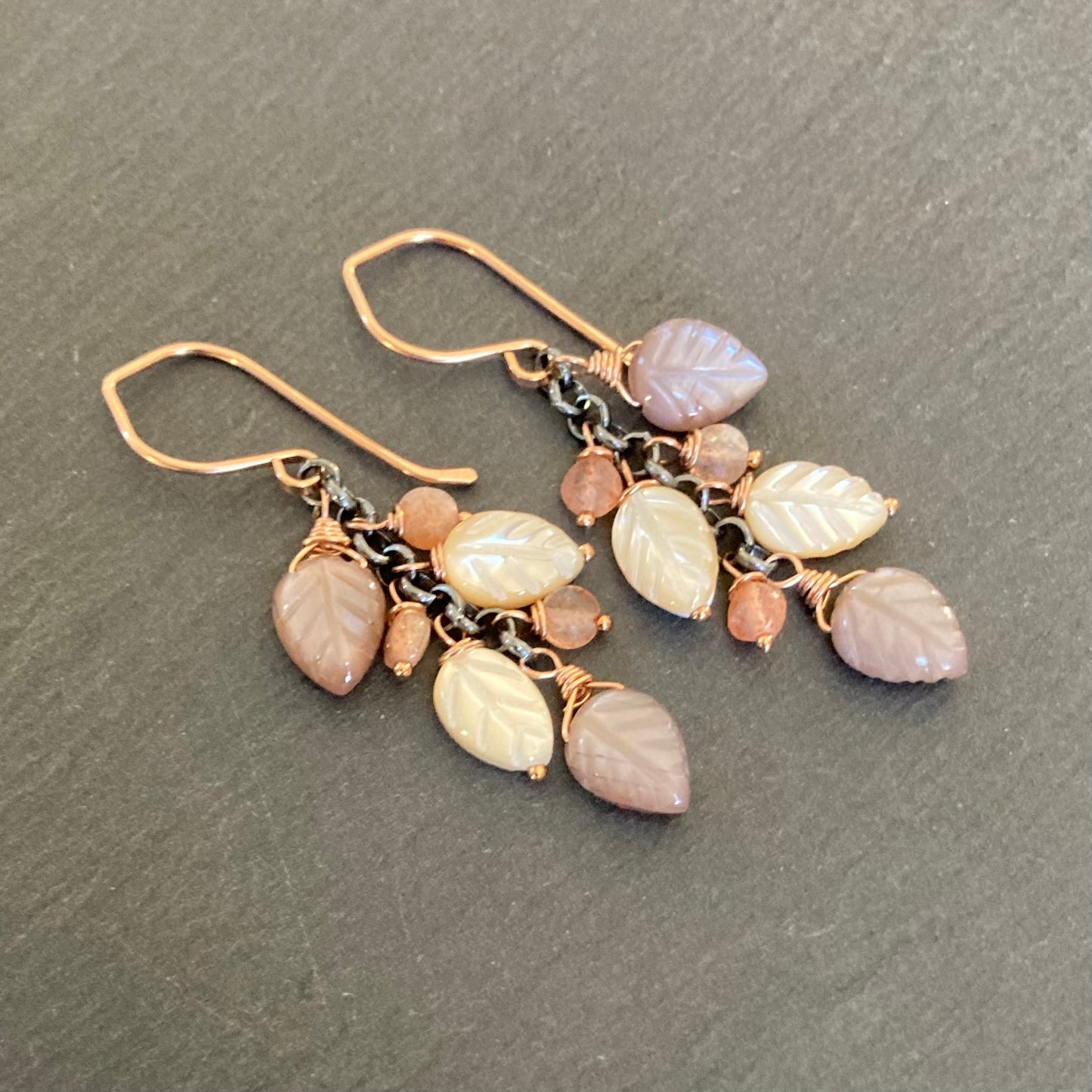 Chocolate Moonstone, Mother of Pearl & Mixed Metal Leaf Cascade Earrings
