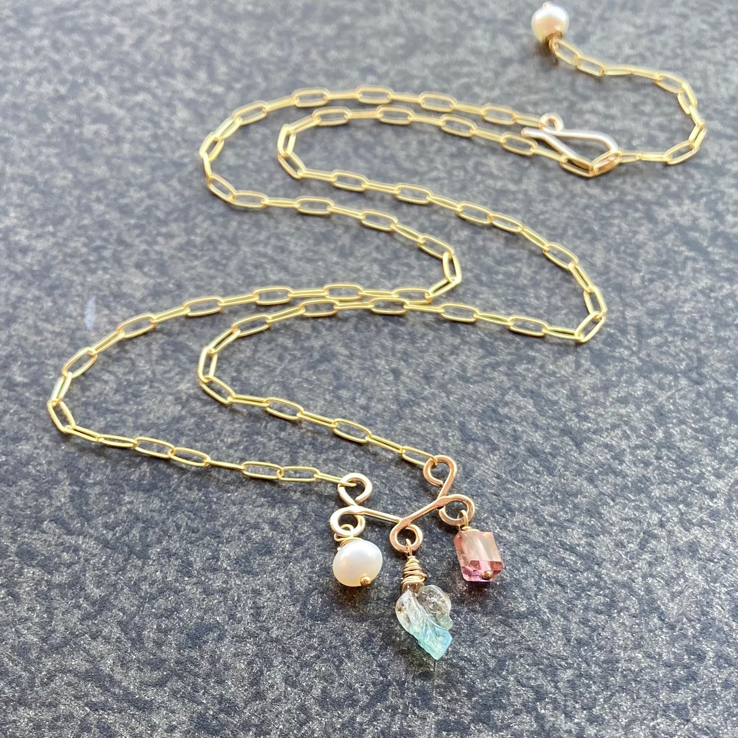 Watermelon Tourmaline, Freshwater Pearl & Gold Leaf Fringe Necklace