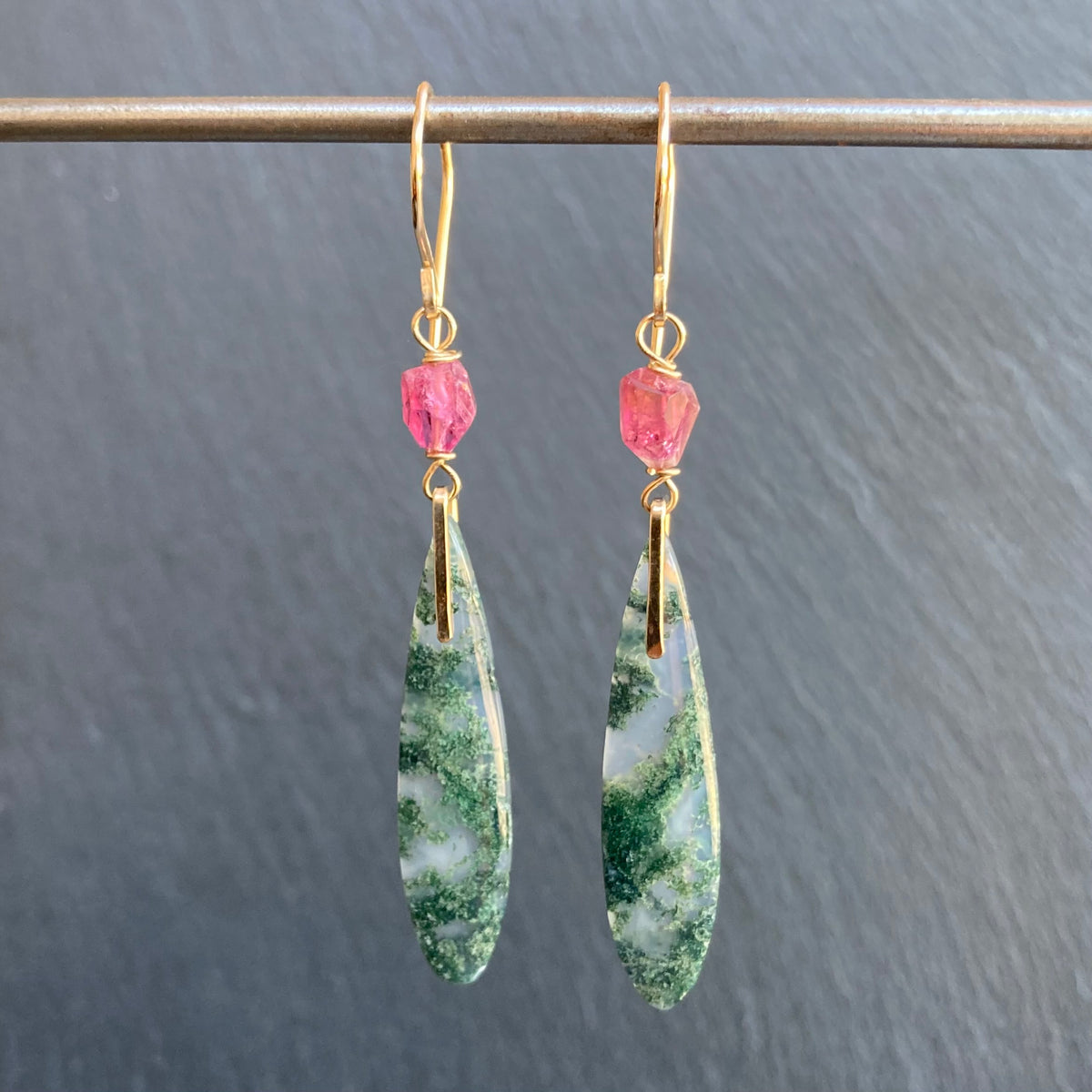 Moss Agate, Pink Tourmaline & Gold Long Drop Earrings