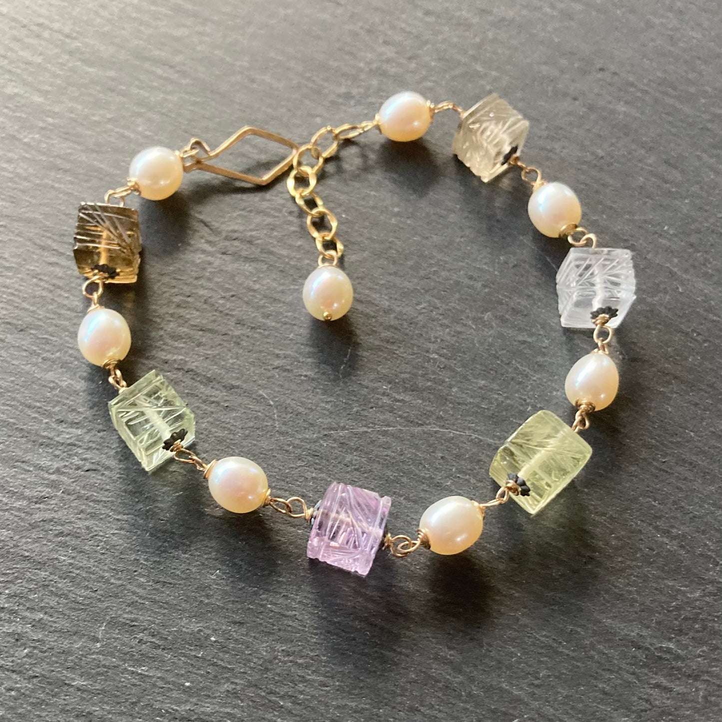 Multi Quartz, Freshwater Pearl & Mixed Metal Carved Lantern Bracelet