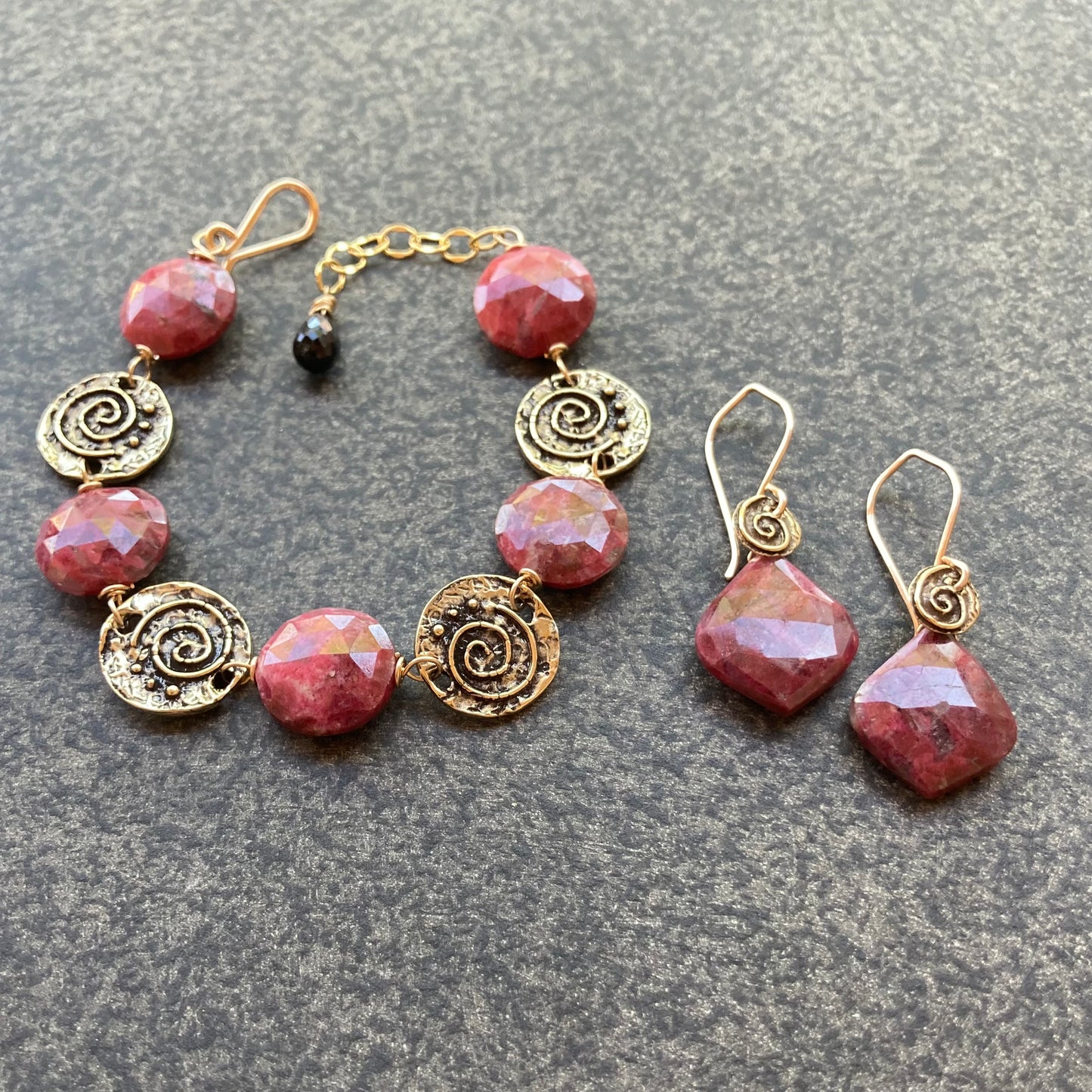 Thulite & Bronze Spiral Coin Bracelet