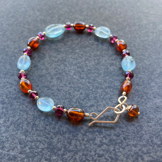 Aquamarine, Hessonite, Rhodolite & 14k Gold Bracelet