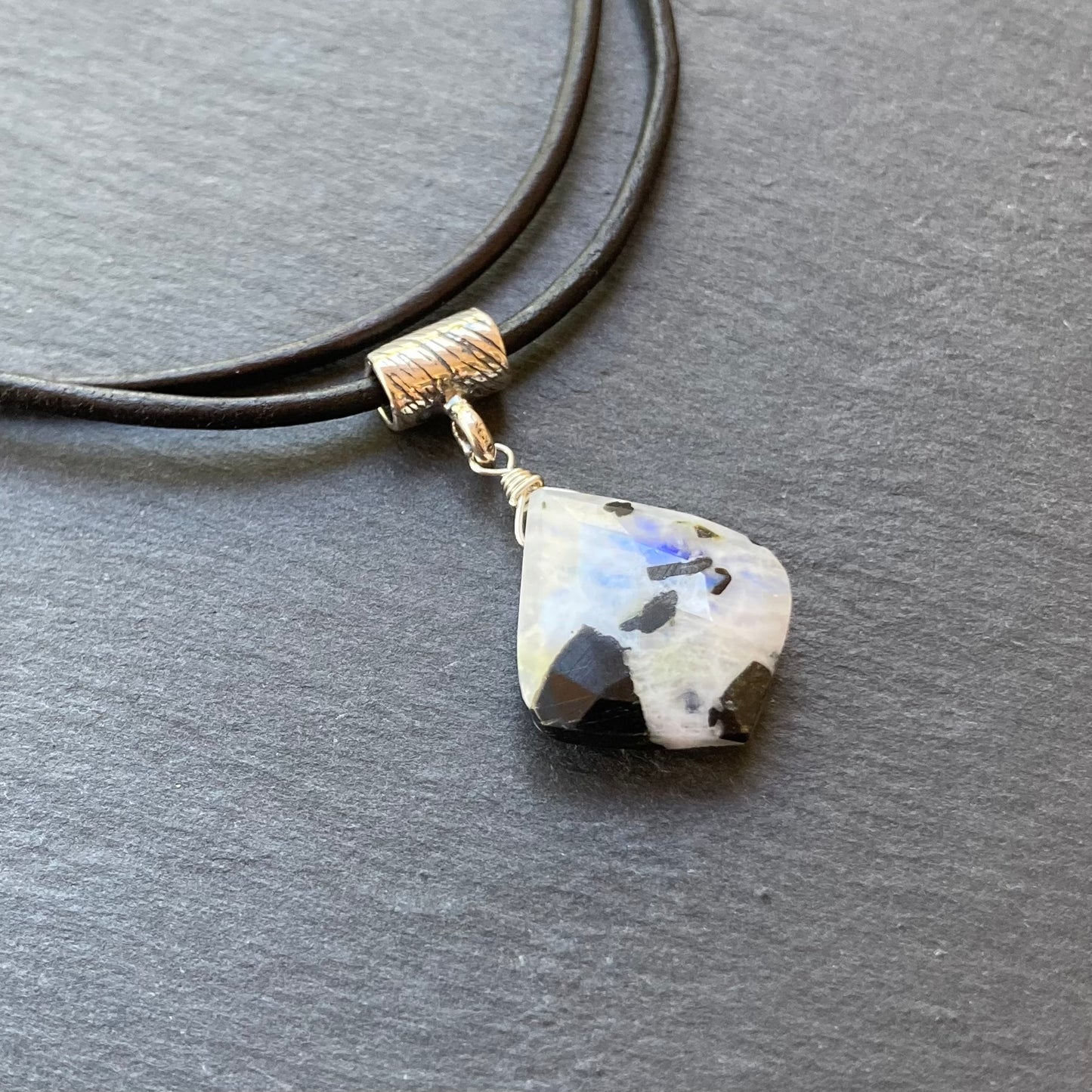 Tourmalinated Rainbow Moonstone & Sterling Silver Leather Choker