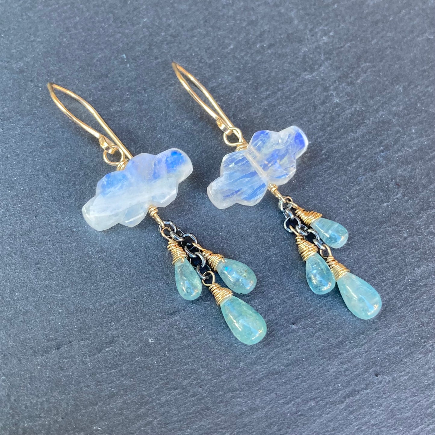 Rainbow Moonstone, Aqua Kyanite & Mixed Metal Monsoon Earrings